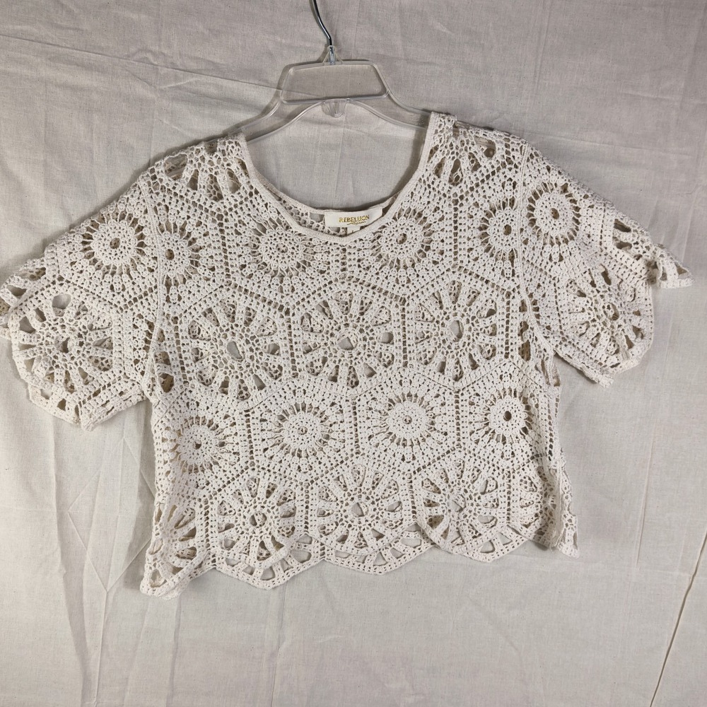 Boho Crochet Crop Top White Cottagecore Fairycore Festival Beachy Y2K Inspired L - Picture 2 of 12